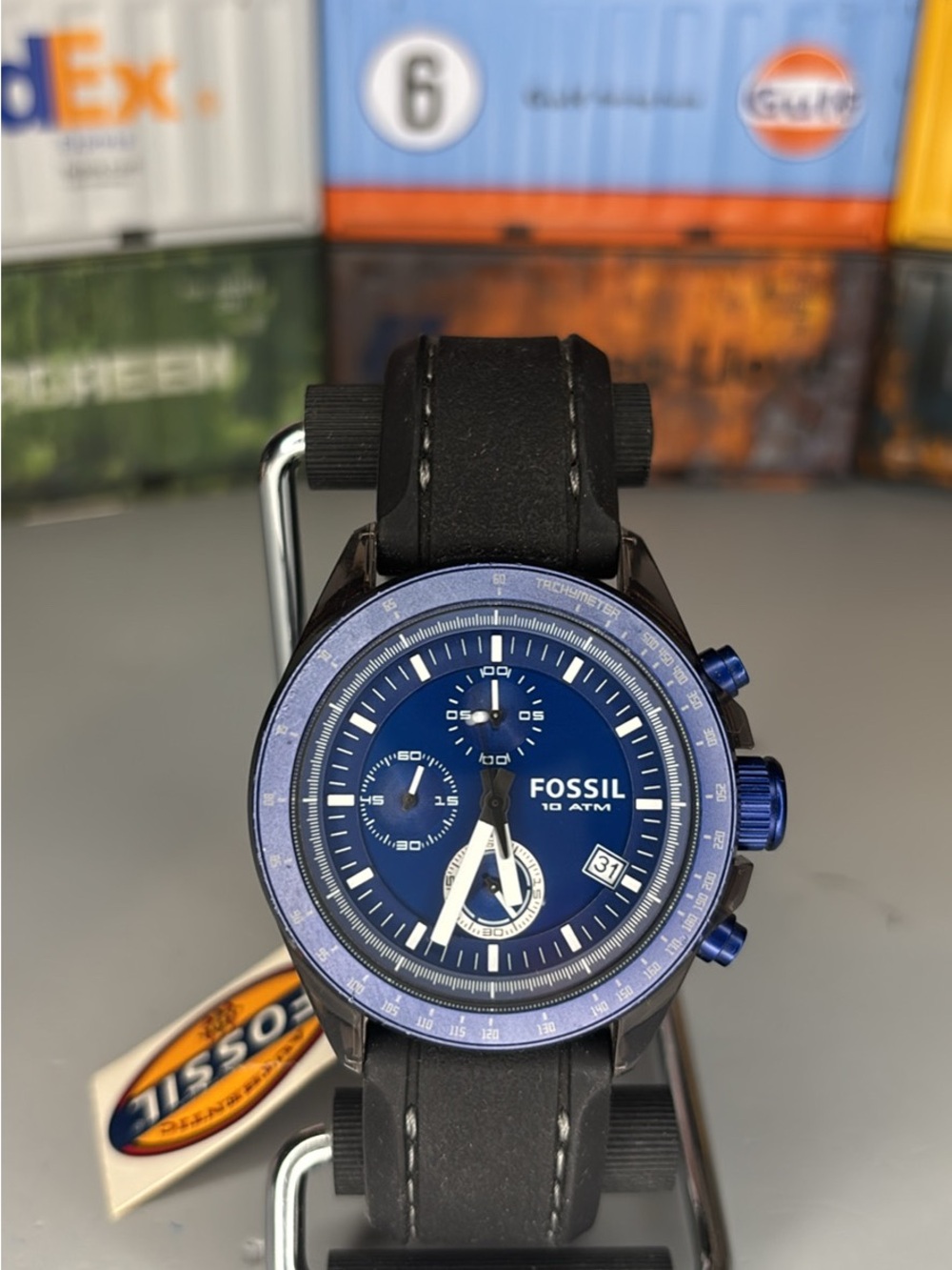 Fossil Blue Dial Chronograph Watch with Black Strap